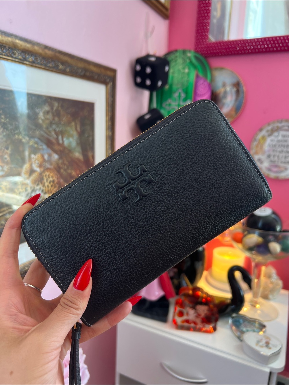 Tory Burch Black Pebbled Leather Zip Wallet with T-Logo